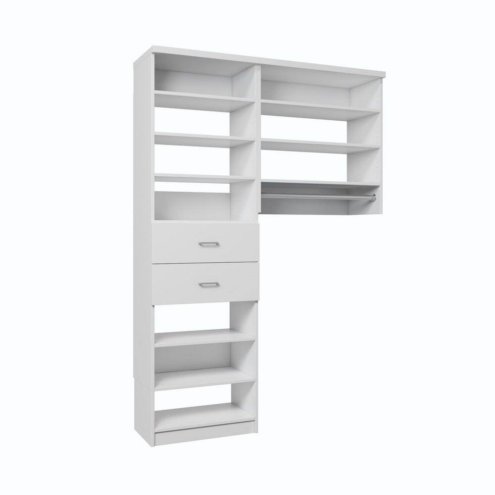 63 in. W Tranquil White Reach-in Floor-Mount 1-Rod 2-Slab-Drawers 10-Shelf Wood Closet System