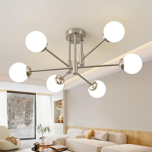6-Light Vintage Nickel Sputnik Chandelier for Living Room, Mid Century Ceiling Lights with Glass Shade,Bulb Not Included