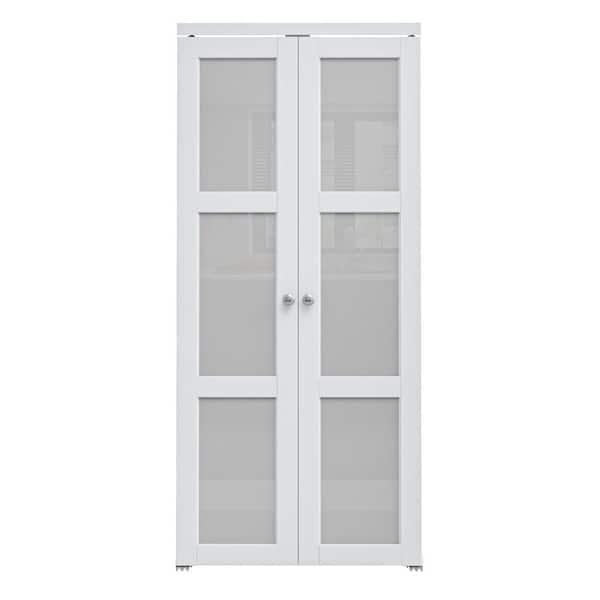 36 in. x 96 in. 3-Lite Tempered Frosted Glass Solid Core White Finished Glass Pivot Bifold Door with 2-Types of Hardware