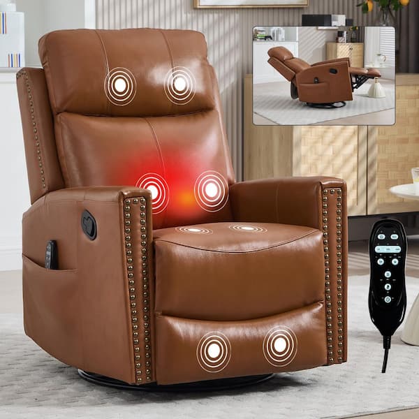 Deep Caramel Genuine Leather Manual Swivel Recliner Rocker Chair with Massage and Heat, Nailhead Trim, Side Pocket