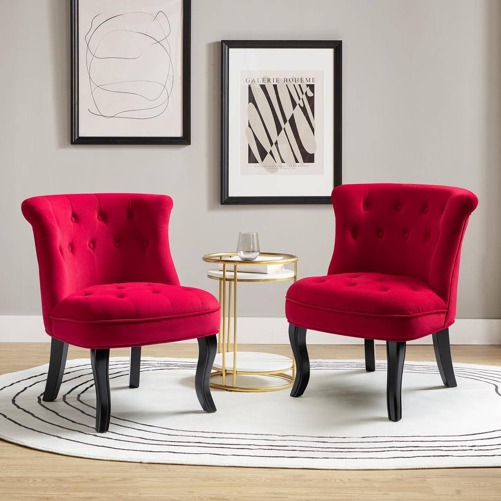 Red Velvet Tufted Armless Accent Chairs with Black Wooden Legs