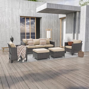 5-Piece Outdoor Patio Sets, Patio Sectional Furniture Gray PE Rattan Wicker Couch, Two Ottomans, Linen Flax Beige
