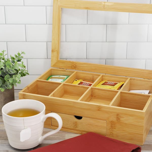 13 x 8 Inch Bamboo Tea Box Organizer with Acrylic Top Window