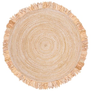 Braided Beige 6 ft. x 6 ft. Round Solid Striped Area Rug
