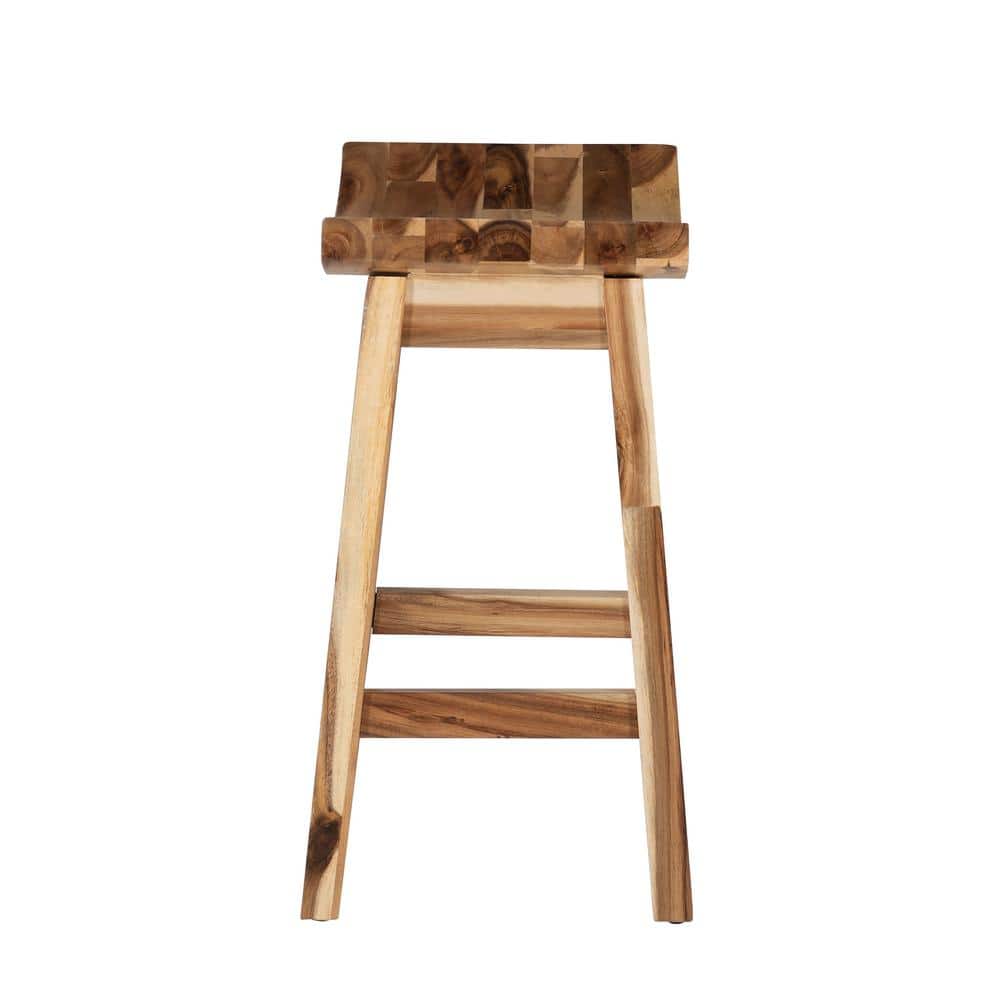Classic Acacia Wood Saddle Counter Stool in Natural Brown