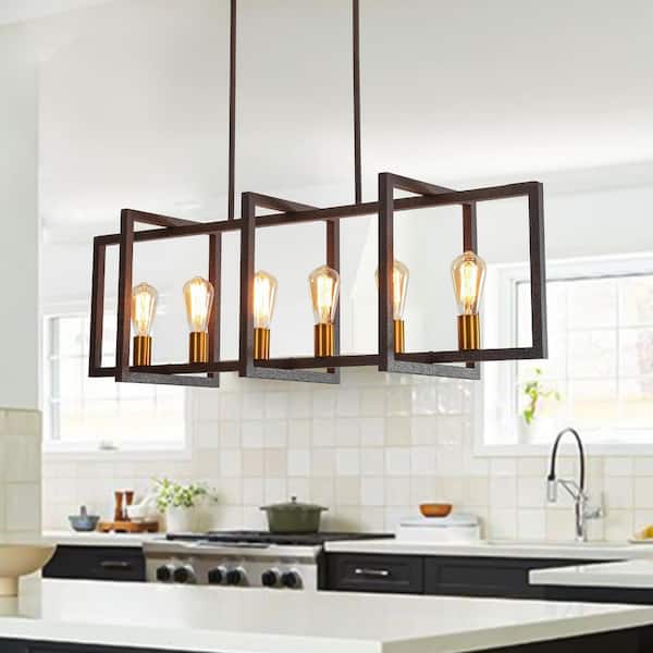 HUOKU Libertab 6-Light 43.3 in. W Rustic Copper Chandelier Rectangular Kitchen Island Hanging Light with Brass Accents