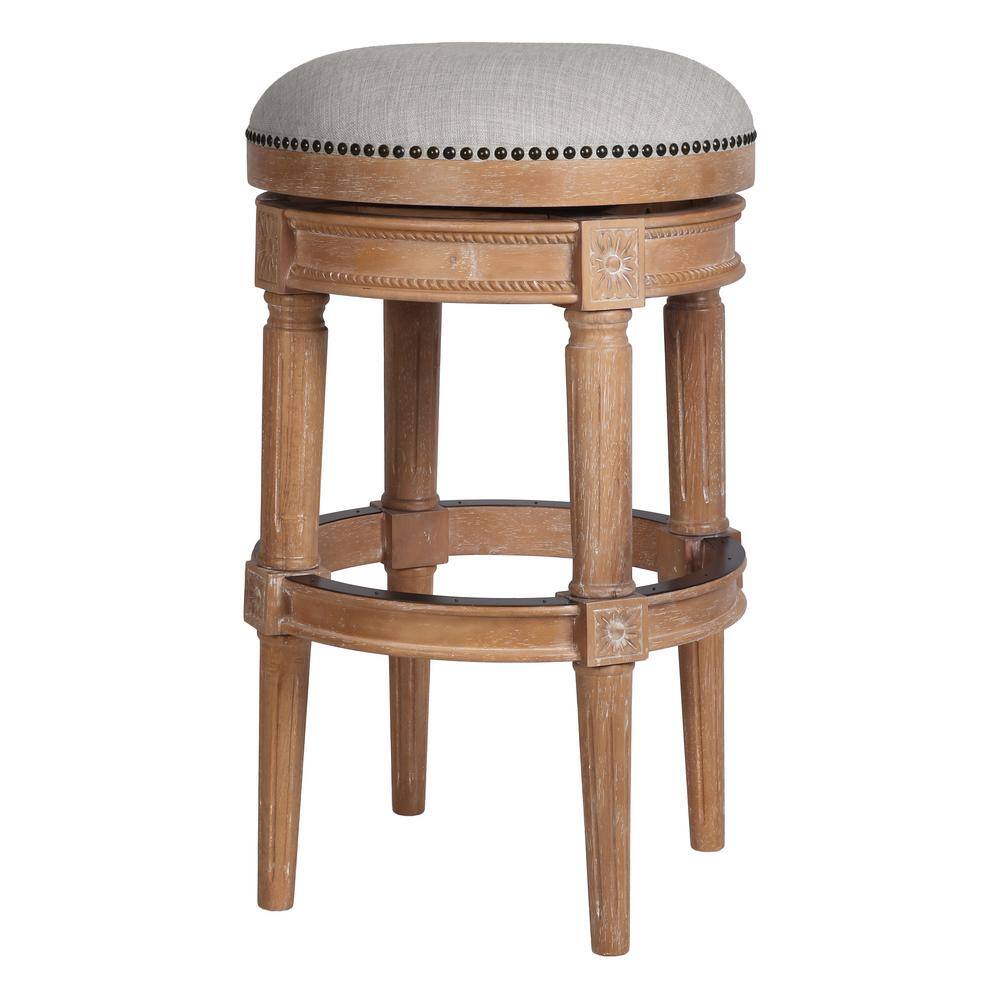 Weathered Natural Oak Backless Swivel Bar Stool with Gray Upholstered Seat