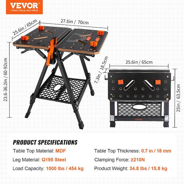 VEVOR 27.6 in. L x 25.6 in. W 2-In-1 Sawhorse Workbench 1000 lbs. Folding  Work Table 7 Heights Foldable Stand with Wood Clamp B454KG70X65CM9NVGV0 -  The Home Depot