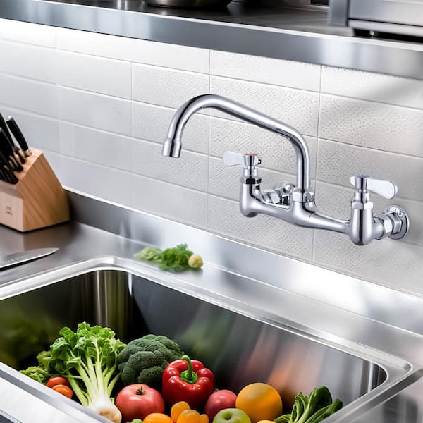 Double Handle Wall Mounted Standard Kitchen Faucet, Commercial Faucet with 10 in. Long Spout in Polished Chrome