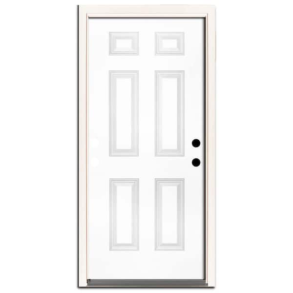Steves & Sons 36 in. x 80 in. Element Series 6-Panel White Primed Left-Hand Inswing Steel Prehung Front Door w/ 4 in. Wall
