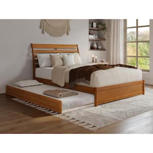 Emelie Light Toffee Natural Bronze Solid Wood Frame Queen Platform Bed with Panel Footboard and Twin XL Trundle