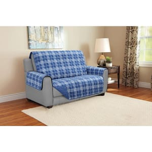 1-Piece Plaid Blue Microfiber Relaxed Fit Love Seat Furniture Protector