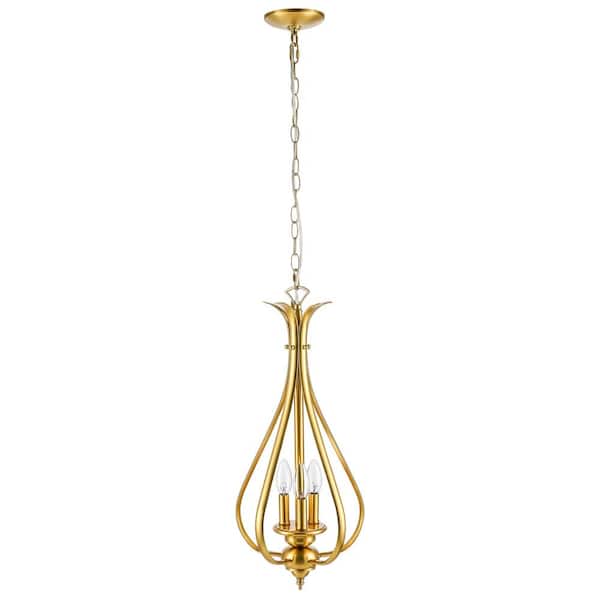 Merra 40-Watt 3-Light Brass Dimmable Lantern Teardrop Pendant Light with Free Hanging Crystals, No Bulbs Included