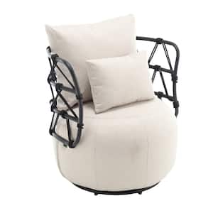 Fashionable Upholstered Tufted Textured Linen Fabric Barrel Chair with Metal Stand - Beige
