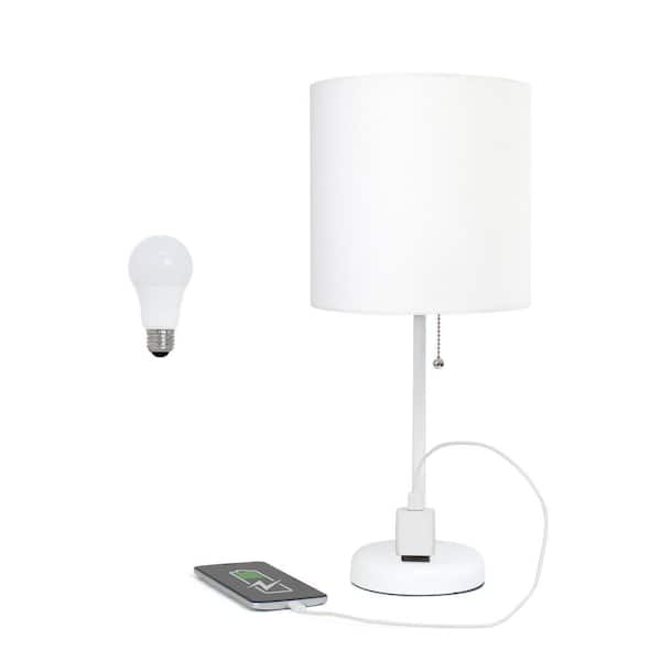 Creekwood home 19.5 in. Contemporary Bedside Power Outlet Base Standard Metal Table Desk Lamp in White, White Shade, with LED Bulb