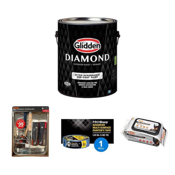 Pure White 1 Gal. Interior Paint with Primer, 8-Piece Paint Kit, Painter's Tape, and Nitrile Gloves (50-Count)