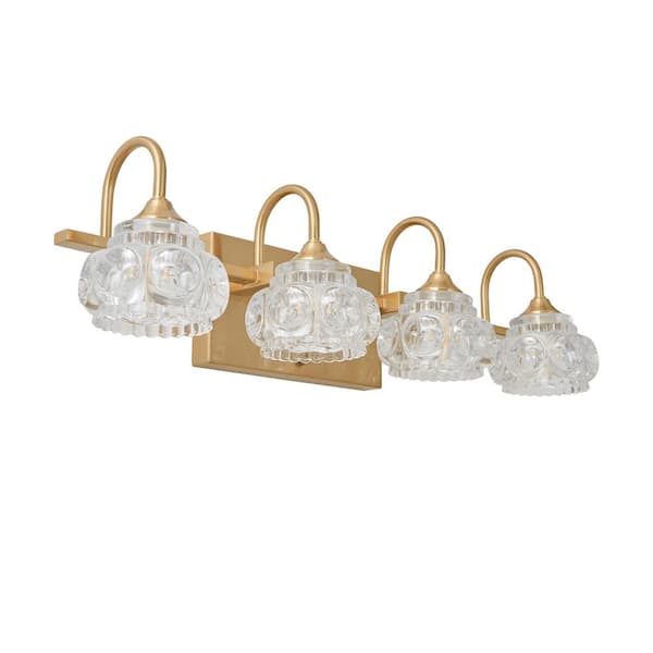 22.8 in. 4-Light Golden Wall Sconce Vanity Light with Clear Crystal Shade for Bathroom, Vanity Mirror(No Bulbs)