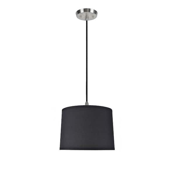 1-Light Satin Nickel Pendant with Black Drum Fabric Shade