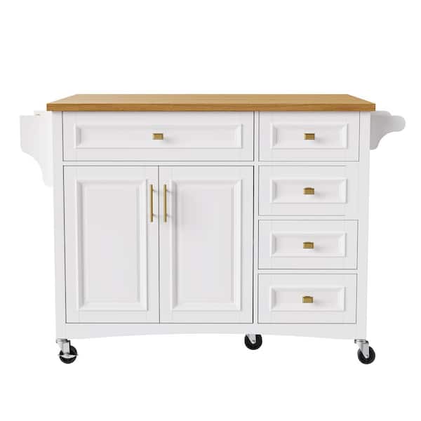 White Wood 52 in. Kitchen Island on Wheels with Drop Leaf, Spice Rack, Towel Rack, 2-Doors and 5-Drawers