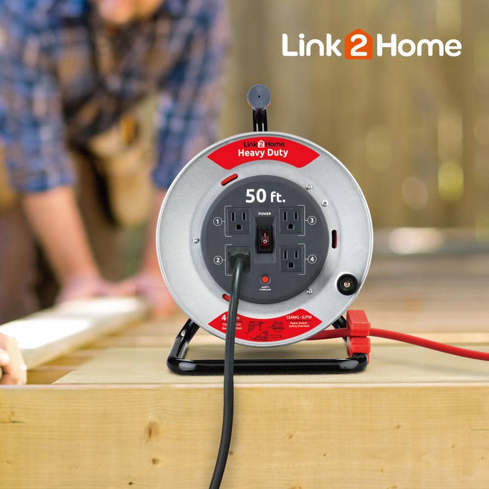 Link2Home EM-CG-500E-DS 50 ft. Heavy-Duty Professional Grade Metal Cord Reel 50 ft. Heavy-Duty Professional Grade Metal Cord Reel - High Visibility 12 AWG SJTW Extension Cord with 4 Power Outlets - 3