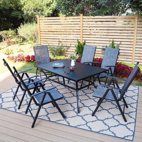 PHI VILLA 7-Piece Black Metal Patio Outdoor Dining Set with Slat Table and Grey Folding Reclining Sling Chairs