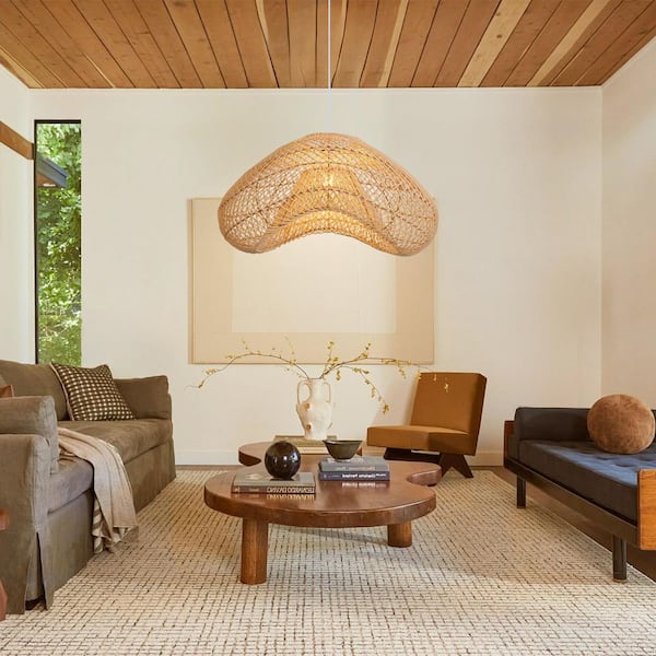 1-Light Brown Natural Hand-Woven Rattan Pendant Light with Scalloped Bowl Shape, No Bulbs Included, 24 in.