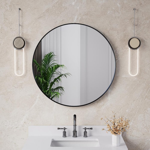 FORCLOVER 32 in. W x 32 in. H Round Aluminium Framed Wall Mount Bathroom Vanity Mirror in Matte Black