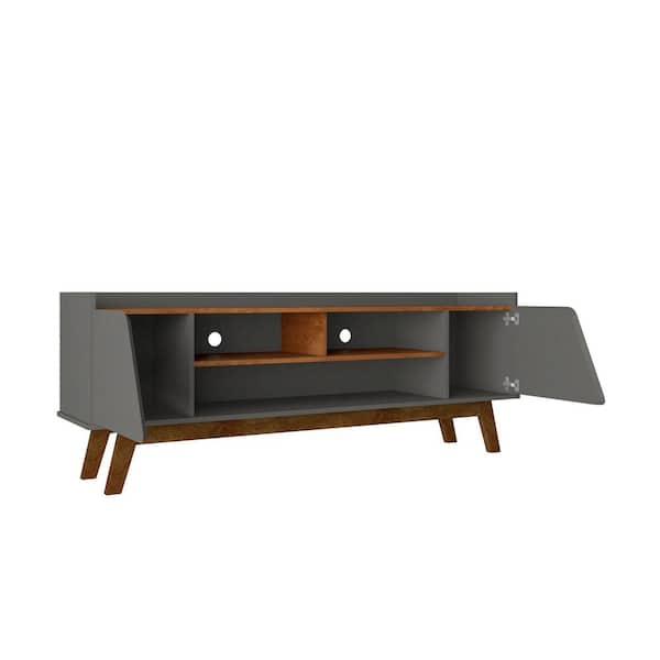 Manhattan Comfort Mid-Century Modern Marcus 53.14 TV Stand with Solid Wood Legs in Greige and Nature