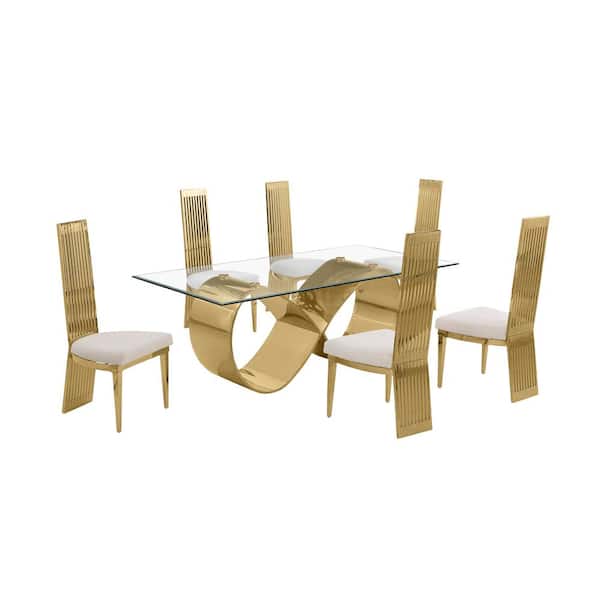 Best Quality Furniture Garrett 7-Piece Clear Tempered Glass Top with Gold Stainless Steel Base Dining Set with 6 Chairs