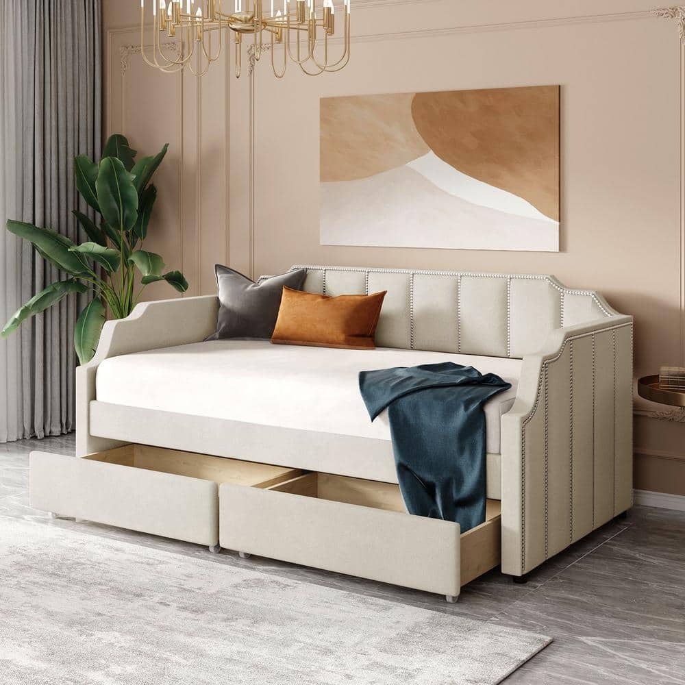 Harper & Bright Designs Beige Twin Size Upholstered Wooden Daybed with ...