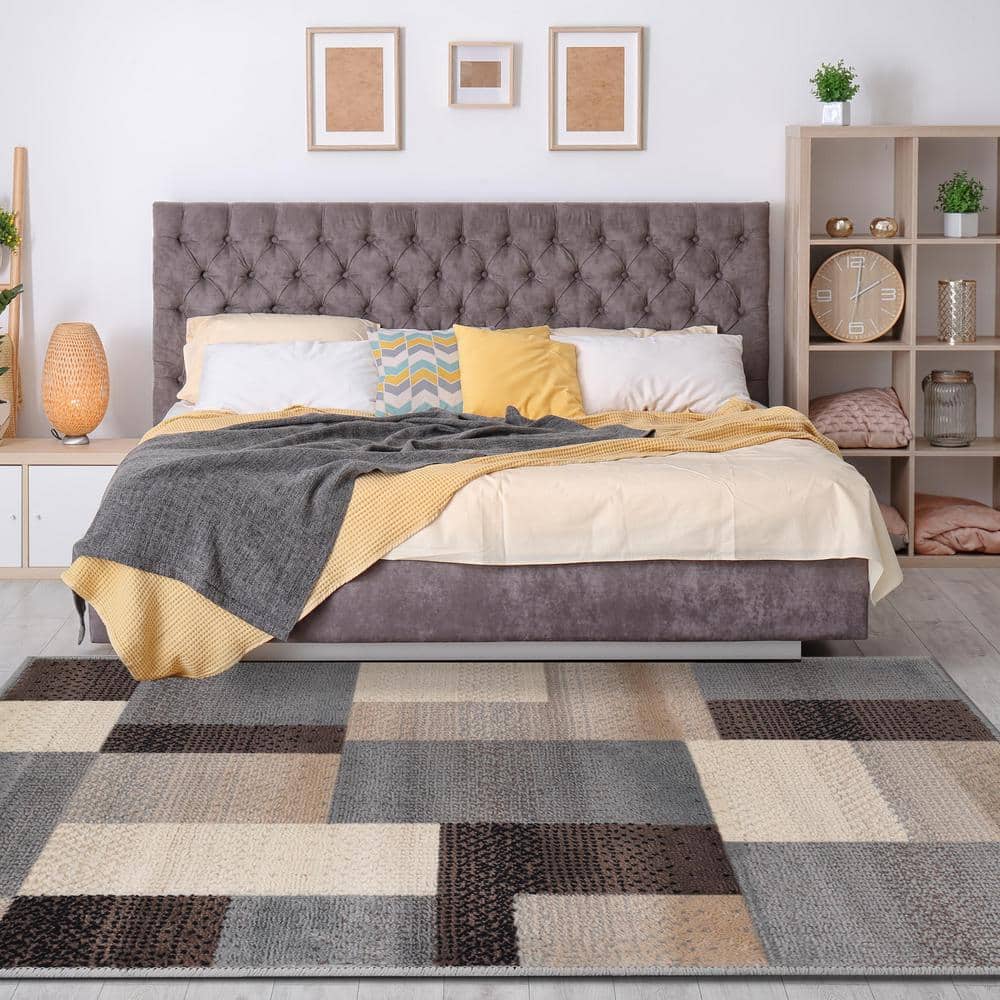 Beige and Blue Geometric Medium Pile Area Rug