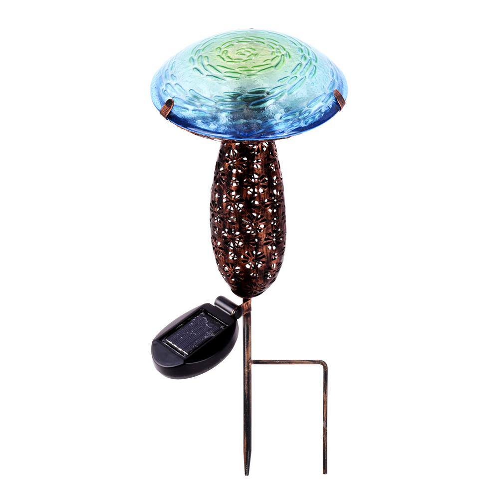 Blue Metal and Glass Solar Mushroom Stake with LED Lights