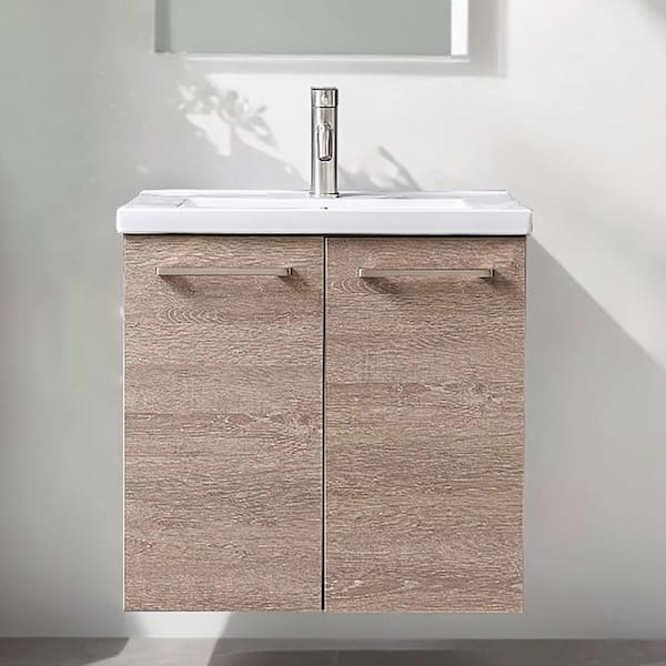 Comllen 24 in. W x 18 in. D x 24 in. H Brown Wood Grain Wall Mounted Bathroom Vanity with White Single Ceramic Sink Top
