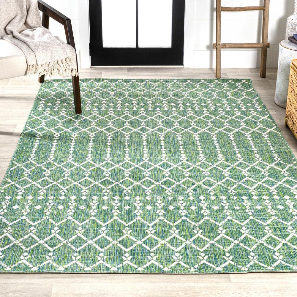 Boho-Chic Cream/Green Moroccan-Inspired Indoor/Outdoor Area Rug