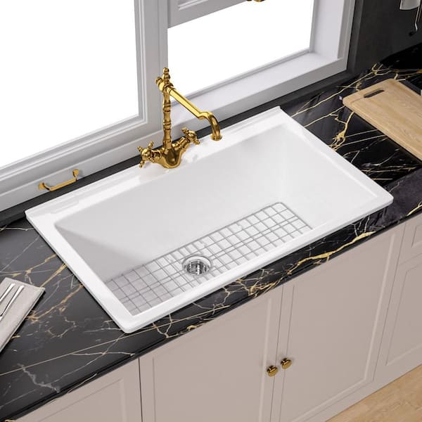 White Kitchen Sink 36" Drop-in Top Mount Large Fireclay Farmhouse Kitchen Sink Single Bowl with 1 Faucet Hole Grid Drain