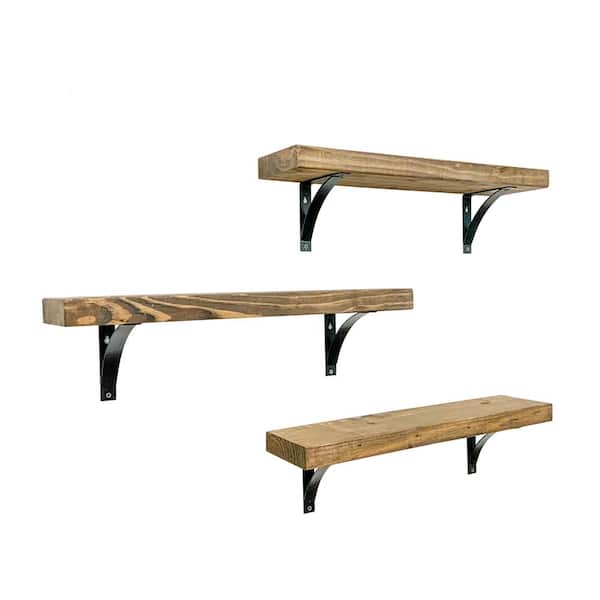 Intrinsic Haven Industrial Grace 24 in. W x 5.5 in. D Dark Brown Pine Wood (Set of 3) Simple Bracket Decorative Wall Shelf Set