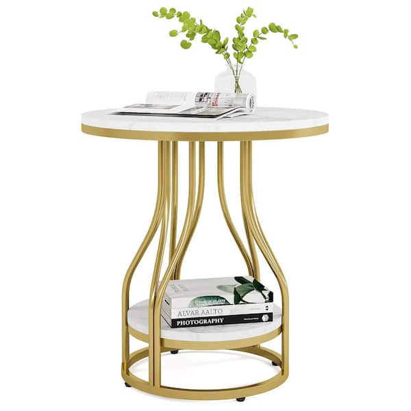 BYBLIGHT Kerlin 19.7 in. White Round Faux Marble Side Table 2-Tier