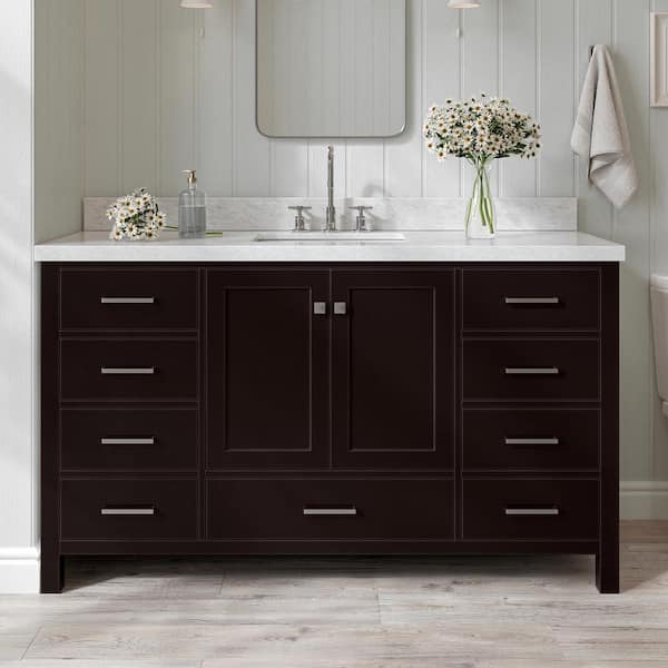 ARIEL Cambridge 61 in. W x 22 in. D x 36 in. H Bath Vanity in Espresso with Carrara White Marble Top