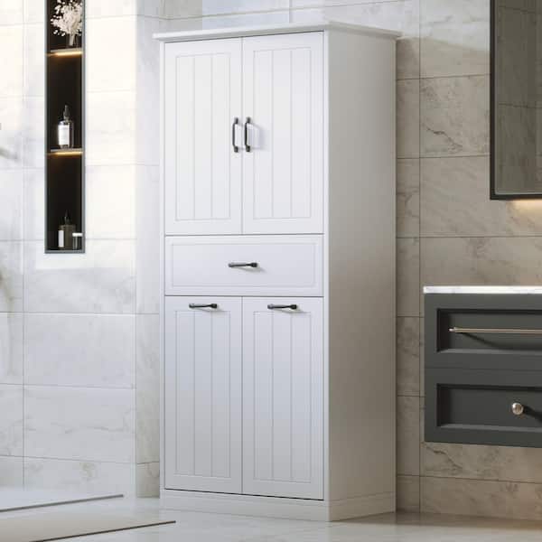 30 in. W x 16 in. D x 66 in. H White Freestanding Slim Linen Cabinet, Storage Cabinet with 2 Laundry Baskets