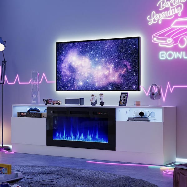 80 in. Freestanding Electric Fireplace TV Stand Fits TVs Up to 70 in. with Open Storage Shelves in White
