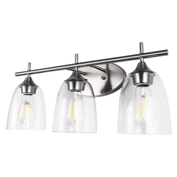 YANSUN Modern Vintage 20 in. 3-Light Brushed Nickel Vanity Light with Clear Glass Shades