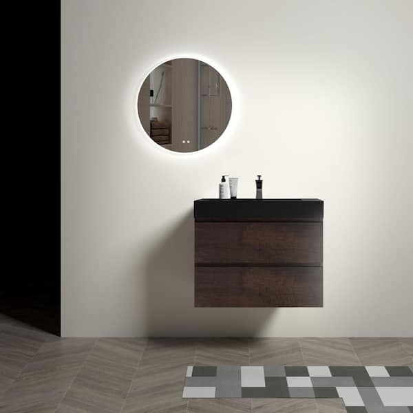 30 in. Single Sink Wall Mounted Rose Wood Bath Vanity with Black Solid Surface Top Unassembled without Drain and Faucet