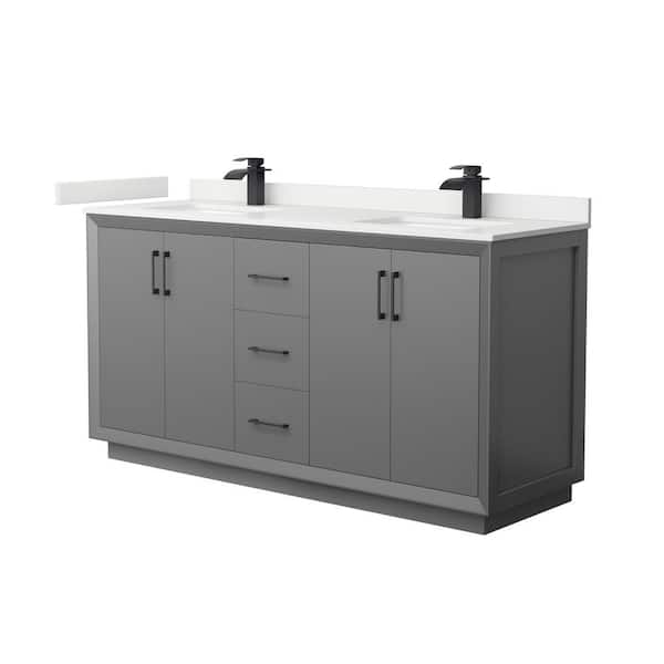 Wyndham Collection Strada 66 in. W x 22 in. D x 35 in. H Double Bath Vanity in Dark Gray with White Quartz Top