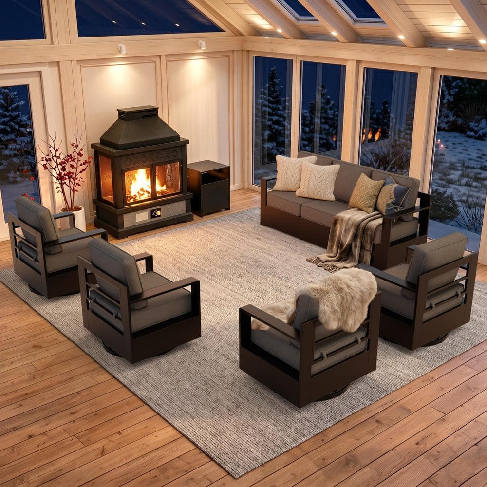6-Piece Fire Pit Patio Set Aluminum Outdoor Patio Conversation Set with Sofa,Rocking Chairs and Thick Gray Cushions