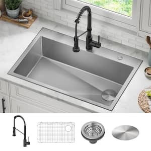 Loften 33 in. Drop-In Single Bowl 18 Gauge Stainless Steel Kitchen Sink with Pull Down Faucet in Matte Black