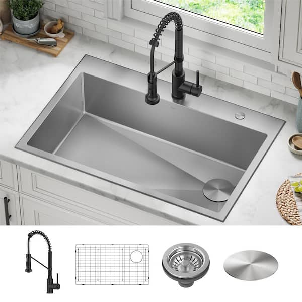 Loften 33 in. Drop-In Single Bowl 18 Gauge Stainless Steel Kitchen Sink with Pull Down Faucet in Matte Black