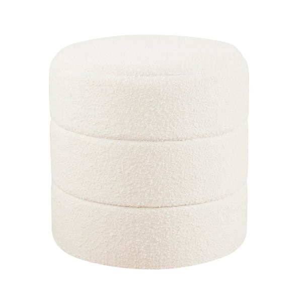 Benjara Sem Cream Fabric Round Accent Ottoman