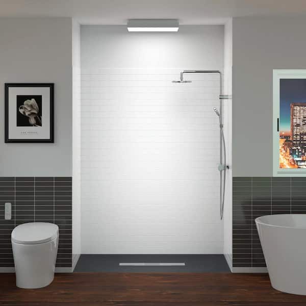 60 in. L x 36 in. W x 75 in. H 4-Pieces Alcove Shower Kit with Glue Up Shower Wall and Shower Pan in White and Black/BN