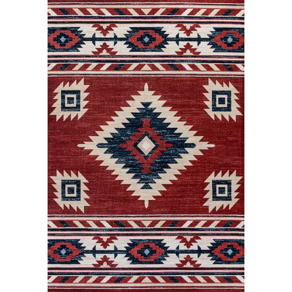 Serape Medallion Southwestern Red/Navy/Cream 5 ft. x 8 ft. Area Rug