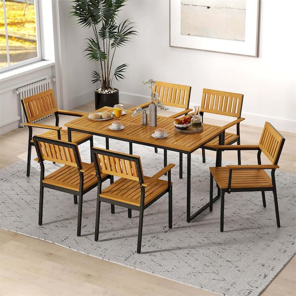Natural + Black Dining Chair with Acacia Wood Backrest Slanted Seat Comfortable Armrests Set of 2